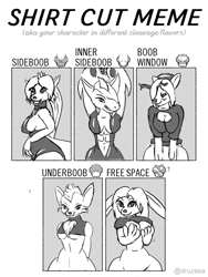 Size: 549x729 | Tagged: safe, artist:jesterkatz, furbooru exclusive, oc, oc only, oc:april (jesterkatz), oc:eve (jesterkatz), oc:lilly padd, oc:noel (jesterkatz), oc:sandy (jesterkatz), ambiguous species, canine, cat, cervid, chimera, deer, dragon, feline, fictional species, fish, fox, hybrid, kangaroo, lagomorph, mammal, marsupial, rabbit, shark, wolf, anthro, antlers, big breasts, blushing, breast squish, breasts, chimera-roo, clothes, covering breasts, crappy drawing, digital art, female, fluff, grin, group, hair, halo, hands above head, hands behind back, looking at you, looking away, macropod, neck fluff, paw pads, paws, shirt cut meme, sweater, swimsuit, topwear, whiskers, wolfdragon