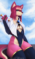 Size: 2298x3806 | Tagged: safe, artist:syncbanned, oc, oc only, canine, mammal, maned wolf, wolf, anthro, 2021, book, breasts, clothes, commission, female, front view, fur, high res, legwear, magician, pink body, pink fur, smiling, solo, solo female, tail, watermark, ych result