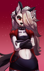 Size: 2026x3272 | Tagged: safe, artist:doupperart, loona (vivzmind), canine, fictional species, hellhound, mammal, anthro, hazbin hotel, helluva boss, 2021, black nose, blep, bottomwear, clothes, collar, crop top, crossed arms, ear fluff, ears, eyebrow piercing, eyebrows, eyelashes, eyeshadow, female, fingerless (marking), fluff, front view, fur, gray body, gray fur, hair, hair over one eye, high res, long hair, makeup, midriff, multicolored fur, piercing, silver hair, skirt, solo, solo female, spiked collar, tail, tail fluff, tongue, tongue out, topwear, torn ear, vest, white body, white fur