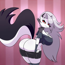 Size: 1280x1280 | Tagged: suggestive, artist:lonbluewolf, loona (vivzmind), canine, fictional species, hellhound, mammal, anthro, hazbin hotel, helluva boss, 2021, annoyed, arm fluff, big butt, black nose, bottomwear, breasts, butt, chest fluff, clothes, collar, colored sclera, commission, ears, eye through hair, eyebrow through hair, eyebrows, eyelashes, eyeshadow, female, fingerless gloves, fluff, fur, gloves, gray body, gray fur, gray hair, hair, huge breasts, legwear, long hair, looking at you, makeup, multicolored fur, red sclera, shoulder fluff, solo, solo female, spiked collar, tail, tail fluff, thick thighs, thigh highs, thighs, topwear, torn clothes, torn ear, white body, white eyes, white fur