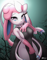 Size: 801x1025 | Tagged: safe, artist:rilexlenov, eeveelution, fictional species, mammal, sylveon, anthro, cc by-nc-sa, creative commons, nintendo, pokémon, 2021, adorasexy, big breasts, black nose, blue eyes, blushing, breasts, clothes, cute, digital art, dress, ears, eyebrows, eyelashes, female, floppy ears, fur, gloves (arm marking), hair, hand on chest, heart, heart eyes, looking at you, moon, multicolored fur, night, pink body, pink fur, sexy, side slit, sideboob, sky, smiling, smiling at you, solo, solo female, tail, thighs, total sideslit, white body, white fur, wide hips, wingding eyes