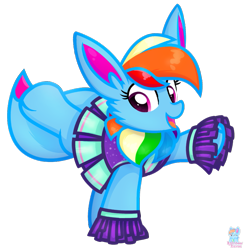 Size: 939x963 | Tagged: safe, artist:rainbow eevee, rainbow dash (mlp), oc, oc:rainbow eevee, eevee, eeveelution, equine, fictional species, mammal, pokémon pony, pony, feral, friendship is magic, hasbro, my little pony, nintendo, pokémon, cheerleader, cheerleader outfit, clothes, cute, female, hair, ocbetes, open mouth, pink eyes, pom pom, rainbow hair, shading, simple background, smiling, solo, solo female, transparent background