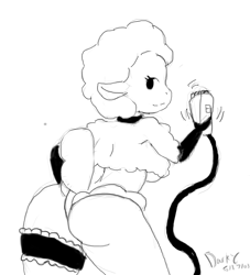 Size: 589x648 | Tagged: dead source, suggestive, artist:darky03, leggy lamb (droopy), bovid, caprine, mammal, sheep, anthro, droopy (series), 2013, black and white, breasts, butt, electric razor, ewe, female, garter, grayscale, looking back, monochrome, rear view, signature, simple background, smiling, solo, solo female, underboob, white background, wool