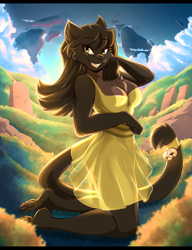 Size: 1329x1728 | Tagged: safe, artist:infinitedge, oc, oc only, cat, feline, mammal, anthro, plantigrade anthro, 2021, adorasexy, arm under breasts, bell, big breasts, black nose, body markings, breasts, brown body, brown fur, brown hair, butt, cheek fluff, cleavage fluff, clothes, cloud, commission, cute, detailed background, dress, ear fluff, eye through hair, eyebrow through hair, eyebrows, eyelashes, female, fluff, fur, grass, hair, hazel eyes, kneeling, legs, long hair, looking at you, outdoors, pale belly, paw feet, paw pads, paws, rock, schrödinger's pantsu, see-through, sexy, smiling, smiling at you, solo, solo female, sunbeam, sundress, tail, tail accessory, tail fluff, tail wraps, teeth, thick thighs, thighs, underpaw, wraps, ych result