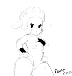 Size: 559x587 | Tagged: dead source, safe, artist:darky03, leggy lamb (droopy), bovid, caprine, mammal, sheep, anthro, droopy (series), 2013, arm hooves, blushing, dot eyes, ewe, female, grayscale, hand on hip, hooves, monochrome, open mouth, signature, simple background, solo, solo female, white background, wool