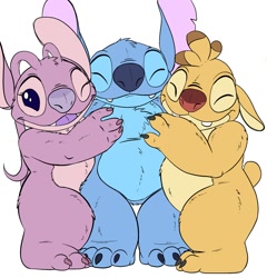 Size: 1200x1252 | Tagged: safe, artist:dylbun, angel (lilo & stitch), reuben (lilo & stitch), stitch (lilo & stitch), alien, experiment (lilo & stitch), fictional species, disney, lilo & stitch, 2021, 4 fingers, 4 toes, antennae, black claws, blue body, blue fur, blue nose, buckteeth, chest fluff, claws, cute, cute little fangs, digital art, dipstick antennae, ears, eyelashes, eyes closed, fangs, feet, female, fingers, flat colors, fluff, fur, group, happy, head fluff, hug, male, multicolored antennae, one eye closed, open mouth, open smile, pink body, pink fur, purple claws, purple eyes, purple nose, red nose, short tail, simple background, smiling, tail, teeth, toe claws, toes, torn ear, trio, white background, winking, yellow body, yellow fur