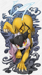 Size: 577x1025 | Tagged: safe, artist:rilexlenov, fictional species, legendary pokémon, raikou, anthro, digitigrade anthro, cc by-nc-sa, creative commons, nintendo, pokémon, 2021, all fours, butt, claws, cloud, digital art, eyelashes, fangs, female, fur, hair, looking at you, looking up, looking up at you, rear view, sharp teeth, solo, solo female, tail, teeth, thighs, wide hips