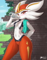 Size: 801x1025 | Tagged: safe, artist:rilexlenov, cinderace, fictional species, anthro, cc by-nc-sa, creative commons, nintendo, pokémon, 2021, breasts, female, looking at you, solo, solo female, starter pokémon
