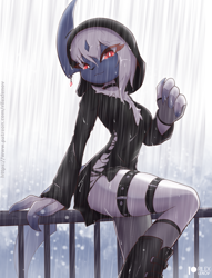 Size: 785x1025 | Tagged: safe, artist:rilexlenov, absol, fictional species, mammal, anthro, cc by-nc-sa, creative commons, nintendo, pokémon, 2020, belt, boots, breasts, choker, clothes, ear piercing, earring, female, legwear, looking at you, piercing, rain, shoes, signature, sitting, smiling, smiling at you, solo, solo female, stockings, wet