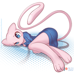 Size: 875x864 | Tagged: safe, artist:rilexlenov, fictional species, legendary pokémon, mew, mythical pokémon, anthro, cc by-nc-sa, creative commons, nintendo, pokémon, 2020, abstract background, blush sticker, butt, female, looking at you, smiling, smiling at you, solo, solo female, watermark, wide hips