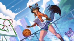 Size: 1280x720 | Tagged: safe, artist:alancampos, artist:alanscampos, michiru kagemori (bna), canine, mammal, raccoon dog, anthro, bna: brand new animal, netflix, 2021, ball, basketball, belly button, big breasts, black nose, bottomwear, breasts, building, cheek fluff, city, clothes, cloud, detailed background, ears, eyelashes, female, fluff, fur, gloves, hair, jacket, looking back at each other, open mouth, outdoors, pose, shirt, shorts, sky, solo, solo female, tail, thighs, tongue, topwear, urban, wide hips