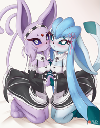 Size: 801x1025 | Tagged: safe, artist:rilexlenov, eeveelution, espeon, fictional species, glaceon, mammal, anthro, cc by-nc-sa, creative commons, nintendo, pokémon, 2019, breasts, clothes, duo, duo female, female, female/female, females only, looking at you, maid outfit, watermark