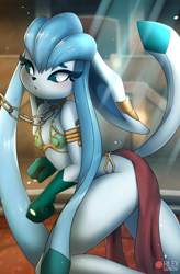 Size: 674x1025 | Tagged: suggestive, artist:rilexlenov, eeveelution, fictional species, glaceon, mammal, anthro, cc by-nc, creative commons, nintendo, pokémon, star wars, 2019, adorasexy, cosplay, cute, female, looking at you, sexy, slave leia outfit, solo, solo female, submissive, submissive female
