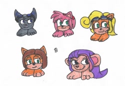 Size: 1195x824 | Tagged: safe, artist:spaton37, amy rose (sonic), coco bandicoot (crash bandicoot), rivet (r&c), bandicoot, cat, feline, fictional species, goomba (mario), hedgehog, lombax, mammal, marsupial, monster, mouse, rodent, ambiguous form, feral, semi-anthro, crash bandicoot (series), mario (series), ratchet & clank, sega, sonic the hedgehog (series), 2021, barefoot, crossover, female, females only, goombafied, jeopardy mouse (danger mouse), not salmon, simple background, stephanie (pat and stan), traditional art, wat, white background