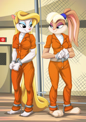 Size: 905x1280 | Tagged: safe, artist:mysticalpha, lola bunny (looney tunes), minerva mink (animaniacs), anthro, animaniacs, looney tunes, warner brothers, belt, chains, clothes, commission, cuffs, duo, duo female, female, females only, paws, prison outfit, prisoner, shackles, smirk