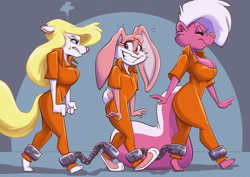 Size: 1280x907 | Tagged: safe, artist:joelasko, babs bunny (tiny toon adventures), bimbette (tiny toon adventures), minerva mink (animaniacs), lagomorph, mammal, mink, mustelid, rabbit, skunk, anthro, animaniacs, tiny toon adventures, warner brothers, angry, bound together, chained, clothes, female, females only, grumpy, happy, nervous smile, paws, prison outfit, prisoner, shackles, trio, trio female, varying degrees of want, walking