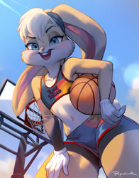 Size: 615x784 | Tagged: safe, artist:popodunk, lola bunny (looney tunes), lagomorph, mammal, rabbit, anthro, looney tunes, space jam, space jam: a new legacy, warner brothers, 2021, ball, basket, basketball, belly button, blonde hair, bottomwear, clothes, cream body, cream fur, crop top, eyebrows, eyelashes, female, fur, gloves, hair, long hair, looking at you, midriff, multicolored fur, open mouth, open smile, short tail, shorts, smiling, smiling at you, solo, solo female, sports bra, sports shorts, tail, teal eyes, teeth, thighs, topwear, two toned body, two toned fur