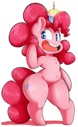 Size: 894x1448 | Tagged: safe, artist:graphene, artist:purple-yoshi-draws, pinkie pie (mlp), earth pony, equine, fictional species, mammal, pony, semi-anthro, friendship is magic, hasbro, my little pony, 2016, arm hooves, bipedal, chest fluff, cute, female, fluff, fur, hair, hooves, mare, open mouth, pink body, pink fur, pink hair, pink tail, simple background, slightly chubby, solo, solo female, tail, thick, white background