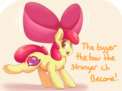 Size: 1280x954 | Tagged: safe, artist:graphene, apple bloom (mlp), earth pony, equine, fictional species, mammal, pony, feral, friendship is magic, hasbro, my little pony, 2016, bow, cute, cutie mark, dialogue, female, filly, foal, solo, solo female, strong, tail, talking, text, young