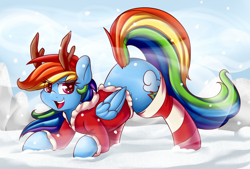 Size: 4000x2703 | Tagged: safe, artist:graphene, rainbow dash (mlp), equine, fictional species, mammal, pegasus, pony, feral, friendship is magic, hasbro, my little pony, 2016, christmas, clothes, costume, cute, cutie mark, feathered wings, feathers, female, folded wings, hair, hat, high res, holiday, legwear, looking at you, mane, mare, open mouth, rainbow hair, rainbow mane, rainbow tail, reindeer antlers, santa costume, santa hat, snow, snowfall, socks, solo, solo female, starry eyes, striped clothes, striped legwear, tail, wingding eyes, wings, winter