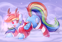 Size: 4000x2703 | Tagged: safe, alternate version, artist:graphene, rainbow dash (mlp), rudolph the red nosed reindeer, equine, fictional species, mammal, pegasus, pony, feral, friendship is magic, hasbro, my little pony, 2016, christmas, clothes, costume, cute, cutie mark, feathered wings, feathers, female, folded wings, glowing, glowing nose, hair, hat, high res, holiday, legwear, looking at you, mane, mare, open mouth, rainbow hair, rainbow mane, rainbow tail, reindeer antlers, santa costume, santa hat, snow, snowfall, socks, solo, solo female, starry eyes, striped clothes, striped legwear, tail, wingding eyes, wings, winter