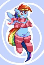 Size: 2800x4097 | Tagged: safe, artist:graphene, rainbow dash (mlp), equine, fictional species, mammal, pegasus, pony, feral, friendship is magic, hasbro, my little pony, 2017, absurd resolution, black outline, blue body, blue fur, clothes, cute, double outline, feathered wings, feathers, female, flying, fur, hair, high res, legwear, mane, mare, open mouth, rainbow hair, rainbow mane, rainbow tail, scarf, smiling, socks, solo, solo female, spread wings, starry eyes, striped clothes, striped legwear, tail, white outline, wingding eyes, wings