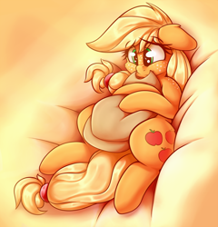 Size: 2300x2394 | Tagged: safe, artist:graphene, applejack (mlp), earth pony, equine, fictional species, mammal, pony, feral, friendship is magic, hasbro, my little pony, 2017, blonde hair, blonde mane, blonde tail, clothes, cowboy hat, cute, female, floppy ears, freckles, fur, hair, hat, high res, hug, lying down, mane, mare, on back, orange body, orange fur, shoulder freckles, smiling, solo, solo female, sparkly eyes, tail, wingding eyes