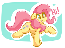 Size: 2293x1692 | Tagged: safe, artist:graphene, fluttershy (mlp), equine, fictional species, mammal, pegasus, pony, feral, friendship is magic, hasbro, my little pony, 2017, cute, dialogue, female, fur, hair, happy, hi, hooves, looking at you, mane, mare, open mouth, pink hair, pink mane, pink tail, raised hoof, simple background, smiling, solo, solo female, tail, talking, talking to viewer, yellow body, yellow fur