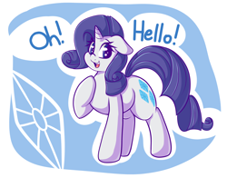 Size: 4200x3300 | Tagged: safe, artist:graphene, rarity (mlp), equine, fictional species, mammal, pony, unicorn, feral, friendship is magic, hasbro, my little pony, 2017, dialogue, eye shimmer, female, fur, hair, hello, high res, hooves, horn, looking at you, mane, mare, one hoof raised, open mouth, purple hair, purple mane, purple tail, raised hoof, slightly chubby, smiling, solo, solo female, speech bubble, tail, talking, white body, white fur