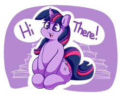 Size: 4200x3300 | Tagged: safe, artist:graphene, twilight sparkle (mlp), equine, fictional species, mammal, pony, unicorn, feral, friendship is magic, hasbro, my little pony, 2017, cute, female, fur, hi, high res, horn, mare, purple body, purple fur, sitting, slightly chubby, solo, solo female, speech bubble, tail