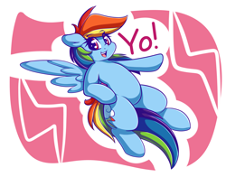 Size: 4200x3300 | Tagged: safe, artist:graphene, rainbow dash (mlp), equine, fictional species, mammal, pegasus, pony, feral, friendship is magic, hasbro, my little pony, 2017, blue body, blue fur, cute, dialogue, feathered wings, feathers, female, flying, fur, hair, high res, looking at you, mane, mare, rainbow hair, rainbow mane, rainbow tail, smiling, solo, solo female, speech bubble, spread wings, tail, talking, wings, yo
