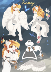 Size: 3000x4200 | Tagged: safe, artist:dreamweaverpony, oc, oc only, oc:kirarane, canine, fairy, fictional species, mammal, wolf, anthro, abstract background, amber eyes, breasts, butt fluff, chest fluff, clothes, ear fluff, ears, eye through hair, eyebrow through hair, eyebrows, female, fluff, fur, gray body, gray fur, hair, hands, multicolored fur, open mouth, paw pads, paws, reference sheet, shoulder fluff, spread wings, tail, tail fluff, white body, white fur, winged wolf, wings