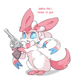 Size: 597x624 | Tagged: artist needed, safe, eeveelution, fictional species, mammal, sylveon, feral, nintendo, pokémon, 2018, ambiguous gender, delet this, gun, meme, monologue, simple background, solo, solo ambiguous, talking, weapon, white background