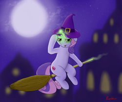 Size: 1800x1500 | Tagged: safe, artist:ponyxwright, sweetie belle (mlp), equine, fictional species, mammal, pony, unicorn, feral, friendship is magic, hasbro, my little pony, blurred background, broom, clothes, female, filly, foal, hat, magic, moon, night, solo, solo female, witch hat, young