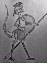 Size: 2448x3264 | Tagged: safe, artist:praxos, fictional species, yinglet, the out-of-placers, armor, high res, hoplite, monochrome, shield, solo, spear, traditional art, weapon