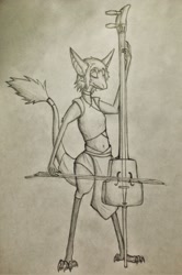 Size: 2167x3264 | Tagged: safe, artist:praxos, fictional species, yinglet, the out-of-placers, bow (instrument), clothes, high res, monochrome, morin khuur, solo, traditional art