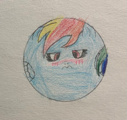 Size: 1280x1202 | Tagged: safe, artist:yourweirdisamanaphy, rainbow dash (mlp), equine, fictional species, mammal, pegasus, pony, ambiguous form, friendship is magic, hasbro, my little pony, ball, blushing, ears, female, irl, mare, morph ball, photo, photographed artwork, simple background, solo, solo female, traditional art, white background, wings