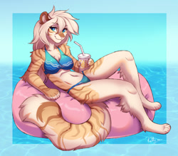 Size: 1280x1119 | Tagged: safe, artist:ketty, big cat, feline, mammal, tiger, anthro, 2021, bikini, border, breasts, cleavage fluff, clothes, cream body, cream fur, cream hair, cyan eyes, drink, ear fluff, eyebrows, eyelashes, female, fluff, fur, hair, long hair, looking at you, multicolored fur, paws, shoulder fluff, smiling, smiling at you, solo, solo female, straw, swimsuit, tail, tail fluff, thighs, tigress, water