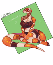 Size: 3289x4062 | Tagged: safe, artist:lbt9000, reptile, snake, anthro, big breasts, bottomwear, breasts, clothes, female, scales, shorts, sitting, solo, solo female, tail, topwear