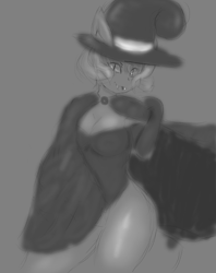 Size: 623x787 | Tagged: dead source, safe, artist:darky03, oc, oc only, cat, feline, mammal, anthro, breasts, cape, cleavage, clothes, fangs, female, gloves, grayscale, hat, leotard, long gloves, looking at you, monochrome, open mouth, sharp teeth, sketch, slit pupils, smiling, solo, solo female, teeth, thick thighs, thighs, whiskers