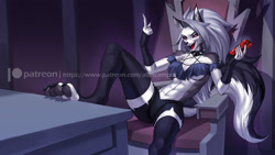 Size: 2200x1238 | Tagged: safe, artist:alanscampos, loona (vivzmind), canine, fictional species, hellhound, mammal, anthro, digitigrade anthro, hazbin hotel, helluva boss, 2020, black nose, black paw pads, bottomwear, breasts, cell phone, chair, claws, clothes, collar, colored sclera, ear fluff, ear piercing, earring, ears, eyebrows, eyelashes, eyeshadow, fangs, female, fingerless gloves, fluff, fur, gloves, gray body, gray fur, hair, indoors, legwear, long gloves, long hair, looking at you, makeup, middle finger, multicolored fur, open mouth, open smile, paw pads, paws, phone, piercing, red sclera, sharp teeth, shoulder fluff, silver hair, smartphone, smiling, smiling at you, solo, solo female, spiked collar, tail, tail fluff, teeth, thigh highs, thighs, toeless legwear, tongue, topwear, torn clothes, torn ear, underboob, underpaw, vulgar, white body, white eyes, white fur