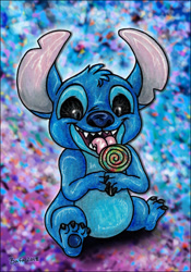 Size: 581x830 | Tagged: safe, artist:bafa, stitch (lilo & stitch), alien, experiment (lilo & stitch), fictional species, disney, lilo & stitch, 2018, 4 toes, abstract background, black claws, black eyes, blue body, blue fur, blue nose, claws, ears, fluff, fur, happy, head fluff, holding, holding food, licking, lollipop, male, open mouth, open smile, sitting, smiling, solo, solo male, toe claws, tongue, tongue out, torn ear