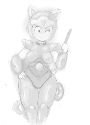 Size: 600x833 | Tagged: dead source, safe, artist:darky03, polly esther (samurai pizza cats), cat, feline, mammal, anthro, samurai pizza cats, armor, blushing, breasts, cyborg, female, grayscale, hand on hip, headwear, holding object, monochrome, one eye closed, simple background, smiling, solo, solo female, tail, white background, winking