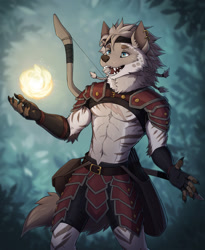 Size: 1049x1280 | Tagged: safe, artist:coyrin, oc, oc only, oc:erraz sandwalker, hyena, mammal, anthro, 2021, armor, bag, belly button, belt, blue eyes, bow (weapon), braid, claws, clothes, cream body, cream fur, ear piercing, earring, fangs, fingerless gloves, fire, front view, fur, gloves, hair, looking at something, magic, male, open mouth, outdoors, piercing, scar, sharp teeth, solo, solo male, standing, striped fur, tan body, tan fur, tan hair, teeth, three-quarter view, weapon
