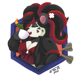 Size: 920x920 | Tagged: safe, artist:jo-vee-al, oc, oc only, bear, mammal, panda, anthro, 2021, arrow, black body, black fur, black hair, black nose, breasts, cleavage, clothes, commission, digital art, drink, ears, eyelashes, eyes closed, eyeshadow, fangs, female, fur, hair, jacket, makeup, open mouth, red hair, sharp teeth, shirt, signature, simple background, solo, solo female, tea, tea cup, teeth, tongue, topwear, white background, white body, white fur