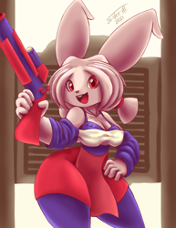 Size: 2550x3300 | Tagged: safe, artist:jo-vee-al, oc, oc only, lagomorph, mammal, rabbit, anthro, 2021, breasts, buckteeth, clothes, commission, digital art, door, dress, ears, eyelashes, female, fur, hair, high res, looking at you, open mouth, red nose, simple background, solo, solo female, teeth, thighs, tongue, weapon, wide hips