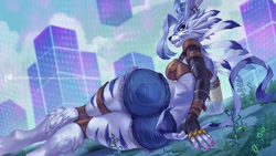 Size: 1280x720 | Tagged: safe, artist:alanscampos, fictional species, weregarurumon, anthro, digitigrade anthro, digimon, 2021, black nose, bottomwear, bra, breasts, butt, clothes, detailed background, digital art, ears, evening gloves, eyelashes, female, fluff, fur, gloves, hair, long gloves, looking at you, looking back, looking back at you, lying down, pose, rear view, shorts, sideboob, solo, solo female, tail, thighs, underwear, wide hips