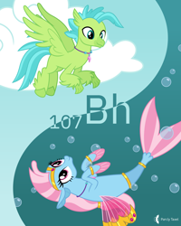 Size: 4000x5000 | Tagged: safe, artist:parclytaxel, oc, oc only, oc:bottlegriff, oc:wishgriff, bird, equine, fictional species, fish, hippogriff, mammal, seapony, feral, series:joycall6's periodic table, friendship is magic, hasbro, my little pony, .svg available, absurd resolution, bohrium, bubble, chemistry, cloud, commission, duality, duo, eye contact, feathered wings, feathers, female, fins, fish tail, flying, male, mare, periodic table, smiling, stallion, tail, underwater, vector, water, wings