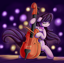 Size: 2300x2265 | Tagged: safe, artist:graphene, octavia melody (mlp), earth pony, equine, fictional species, mammal, pony, feral, friendship is magic, hasbro, my little pony, 2017, bipedal, black hair, black mane, black tail, bow (instrument), cello, cello bow, eyes closed, female, fur, gray body, gray fur, hair, high res, mane, mare, musical instrument, smiling, solo, solo female, stage, tail