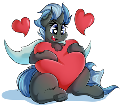 Size: 2413x2141 | Tagged: safe, artist:graphene, oc, oc only, oc:nirvana, arthropod, changeling, equine, fictional species, feral, friendship is magic, hasbro, my little pony, 2017, blue eyes, cute, eyelashes, female, gray body, heart, heart eyes, high res, horn, hug, insect wings, simple background, sitting, solo, solo female, tail, white background, wingding eyes, wings